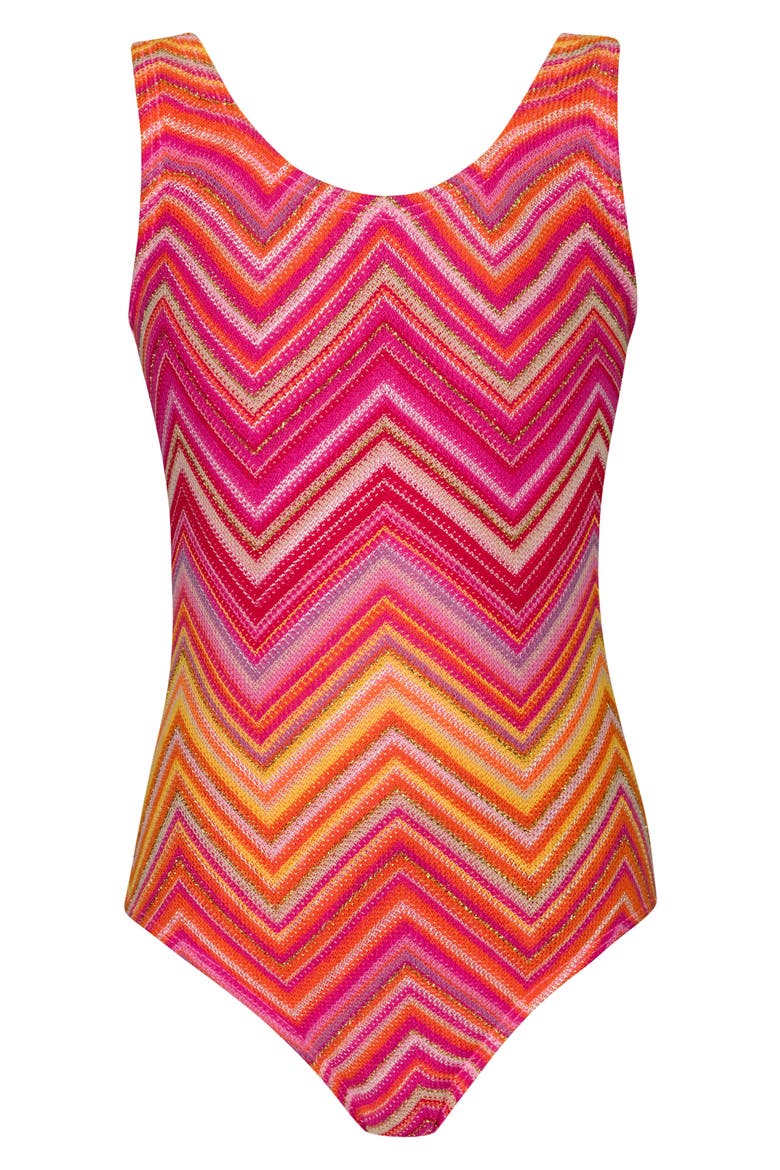 Kids' Scoop Zigzag Knit One-Piece Swimsuit, Main, color, CAYENNE
