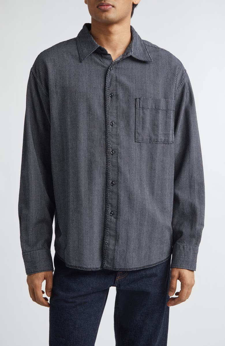 The Elder Statesman Summer Weave Stripe Cotton Button-Up Shirt, Main, color, Twilight Chevron