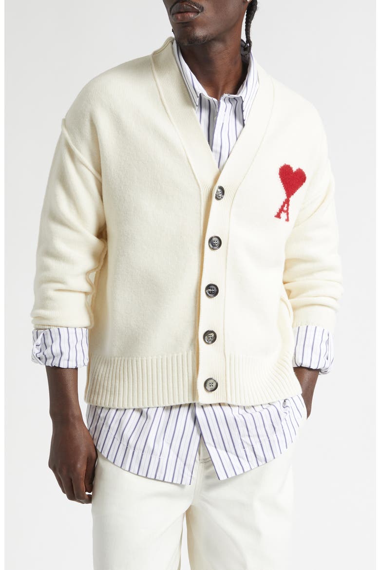 Ami de Coeur Intarsia Wool Cardigan, Main, color, ECRU/ ROUGE