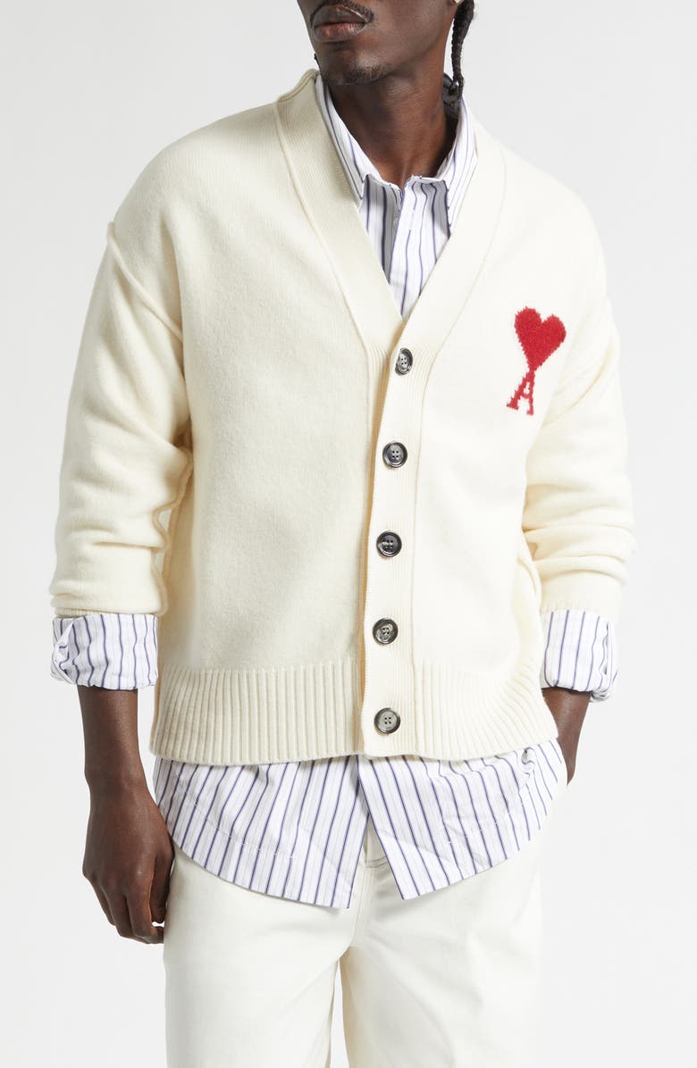 AMI PARIS Ami de Coeur Intarsia Wool Cardigan, Main, color, Ecru/ Rouge