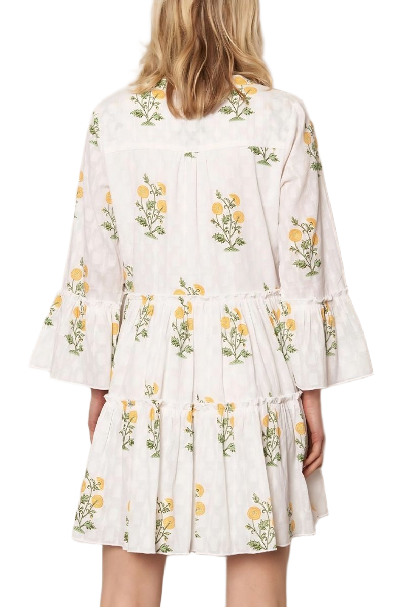 Knit and Lounge Floral Embroidered Tiered Bell Sleeve Mini Dress, Alternate, color, White / Yellow Floral