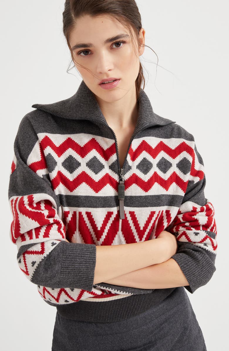 Brunello Cucinelli Virgin wool, cashmere and silk retro jacquard turtleneck sweater with half zip, Alternate, color, 