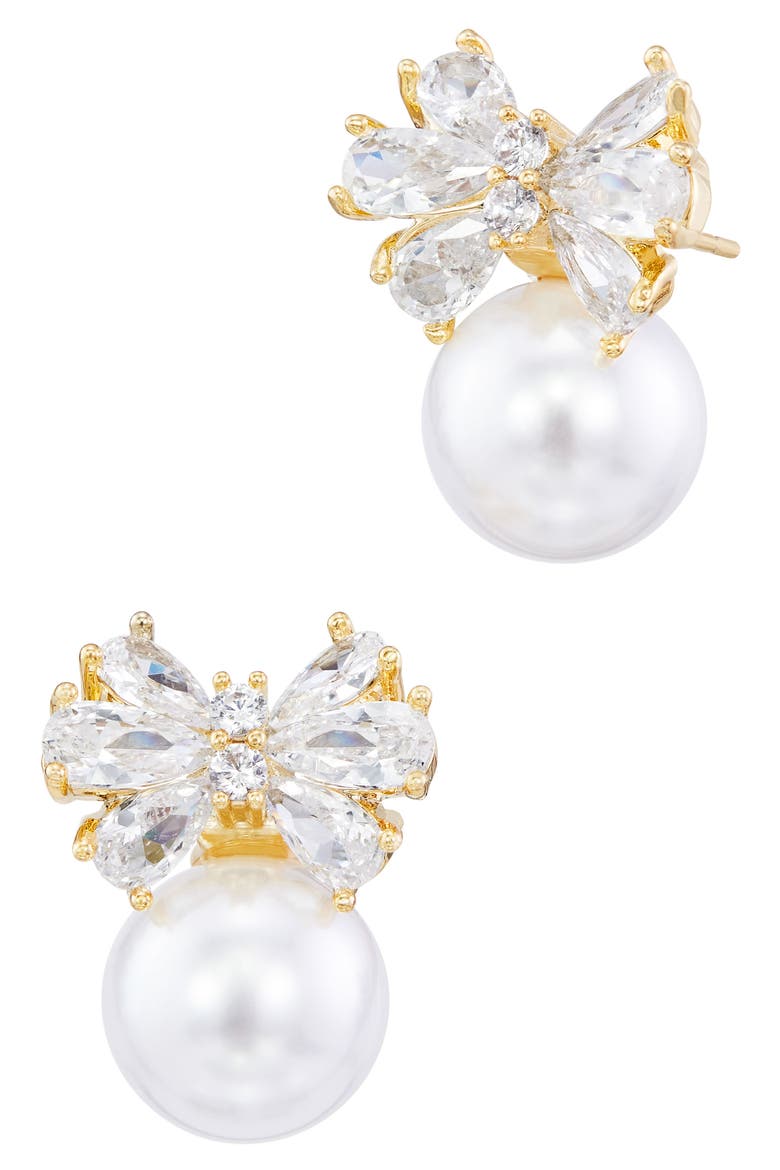 Shell Pearl Bow Stud Earrings, Main, color, PEARL/ YELLOW GOLD