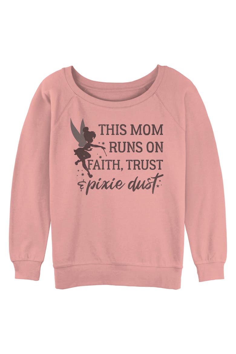 Junior's Peter Pan This Mom Runs on Pixie Dust  Sweatshirt, Main, color, Desert Pink