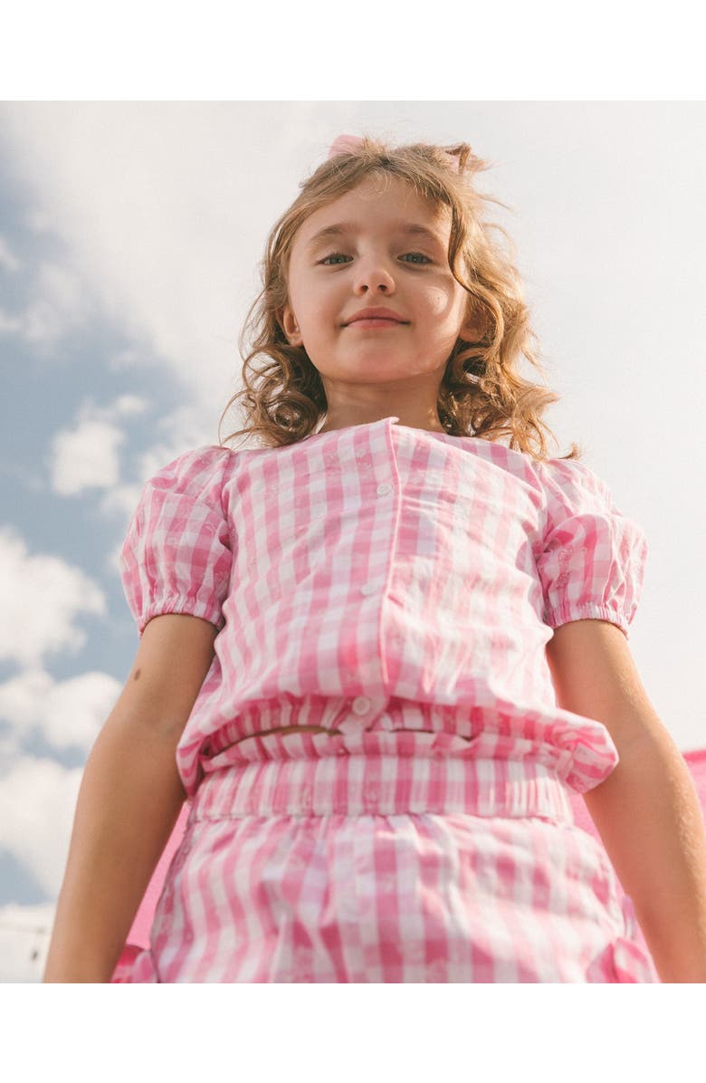 Deux par Deux Girl's Puff Sleeve Dress With Waist Tie Pink And White Checks, Alternate, color, Pink And White Checks
