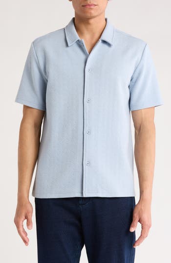 Fleece Factory Diamond Jacquard Short Sleeve Button-down Shirt In Zen Blue