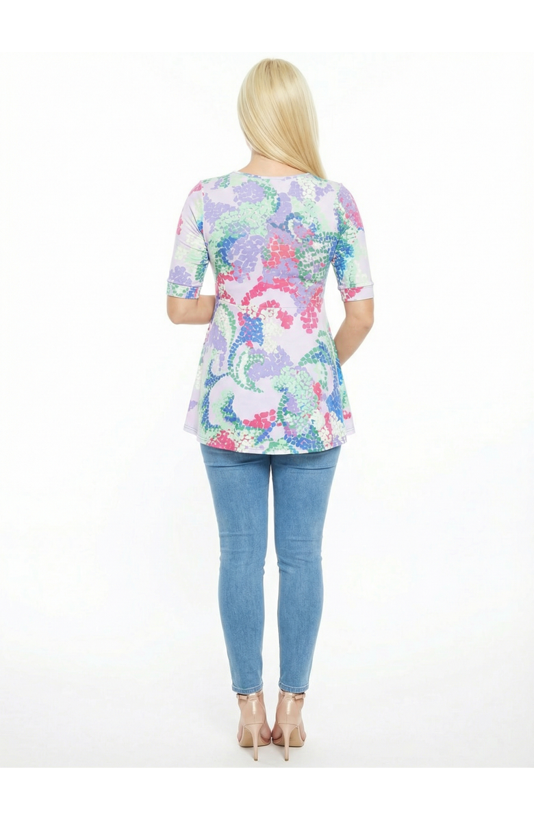 24seven Comfort Apparel Maternity Abstract V-Neck Elbow Sleeve Henley Tunic Top, Alternate, color, Lilac Multi