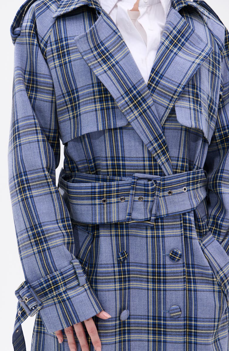 AZALEA WANG Long Plaid Trench Coat, Alternate, color, Blue Multi