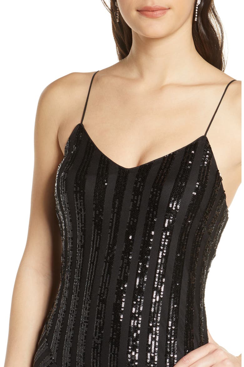 Sequin Stripe Asymmetrical Cocktail Dress, Alternate, color, BLACK