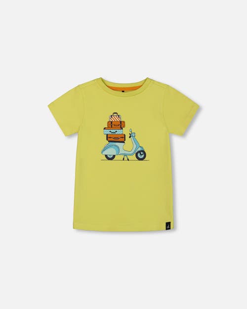 Deux Par Deux Boy's Organic Cotton Tee Lime Green And Blue Vespa In Lime Green And Blue Vespa