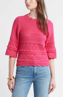 Pointelle Knit Scallop Trim Cotton Sweater