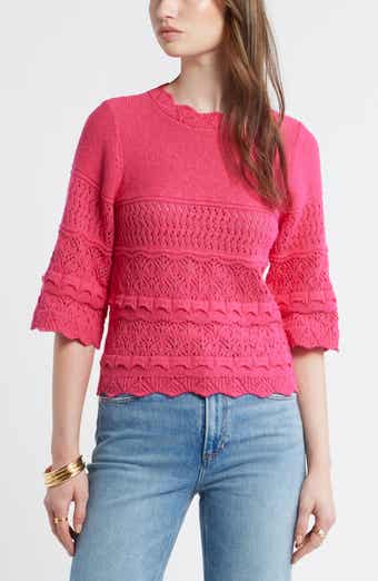 Pointelle Knit Scallop Trim Cotton Sweater