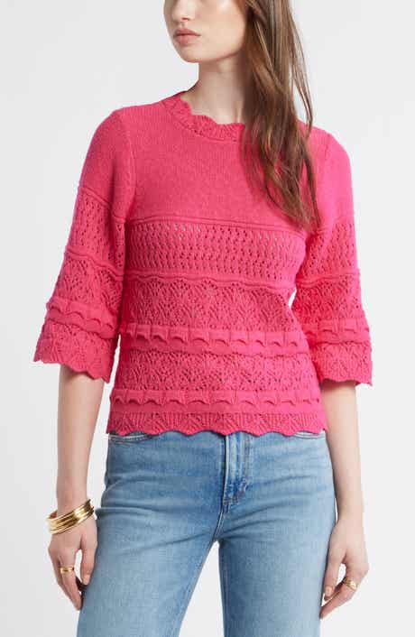 Pointelle Knit Scallop Trim Cotton Sweater