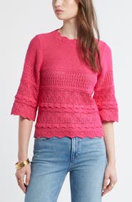 Treasure & Bond Pointelle Knit Scallop Trim Cotton Sweater