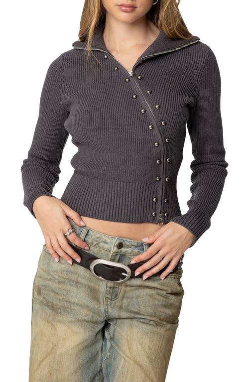 Shop Edikted Rib Asymmetric Zip Cardigan In Dark-gray