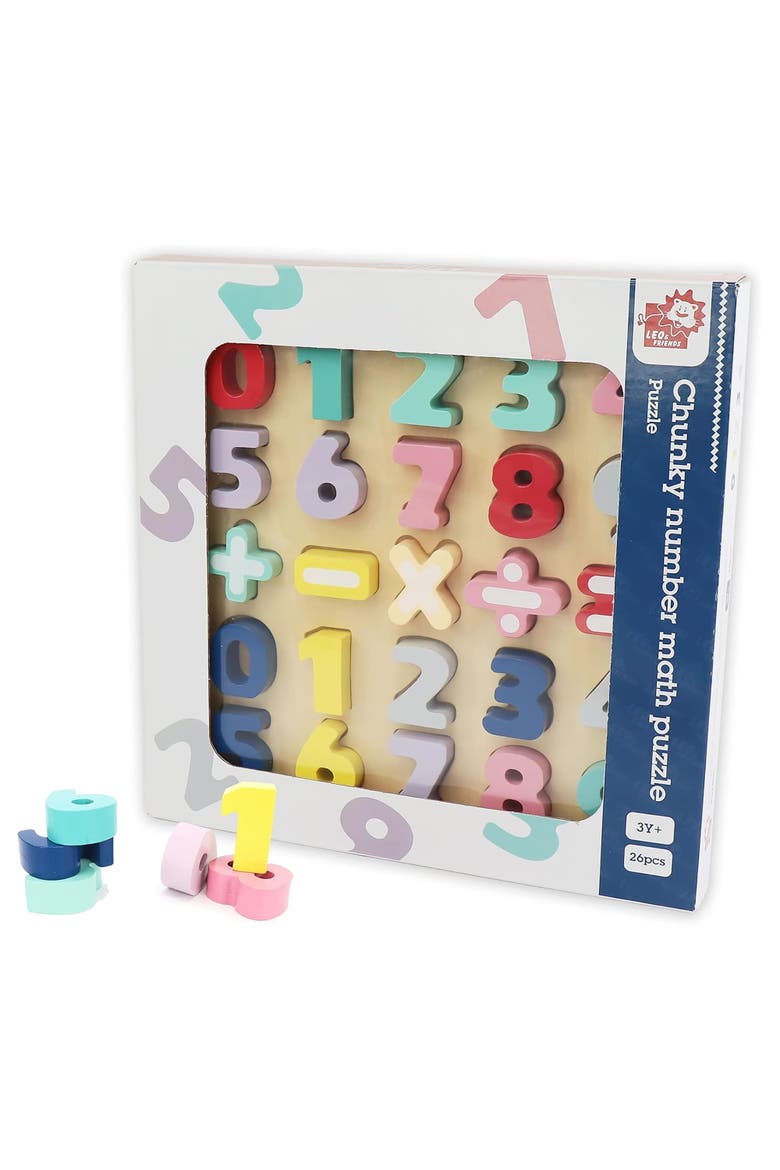 Wooden Chunky Number Math Puzzle, Numbers 0-9, Addition, Subtraction, Multiplication, Division, Equal Sign Included, Alternate, color, Beige