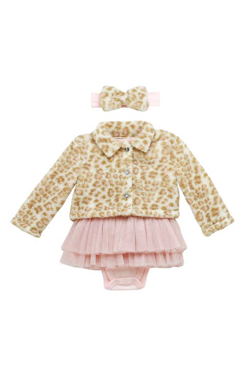 Kids' Faux Fur Jacket & Skirted Bodysuit Set