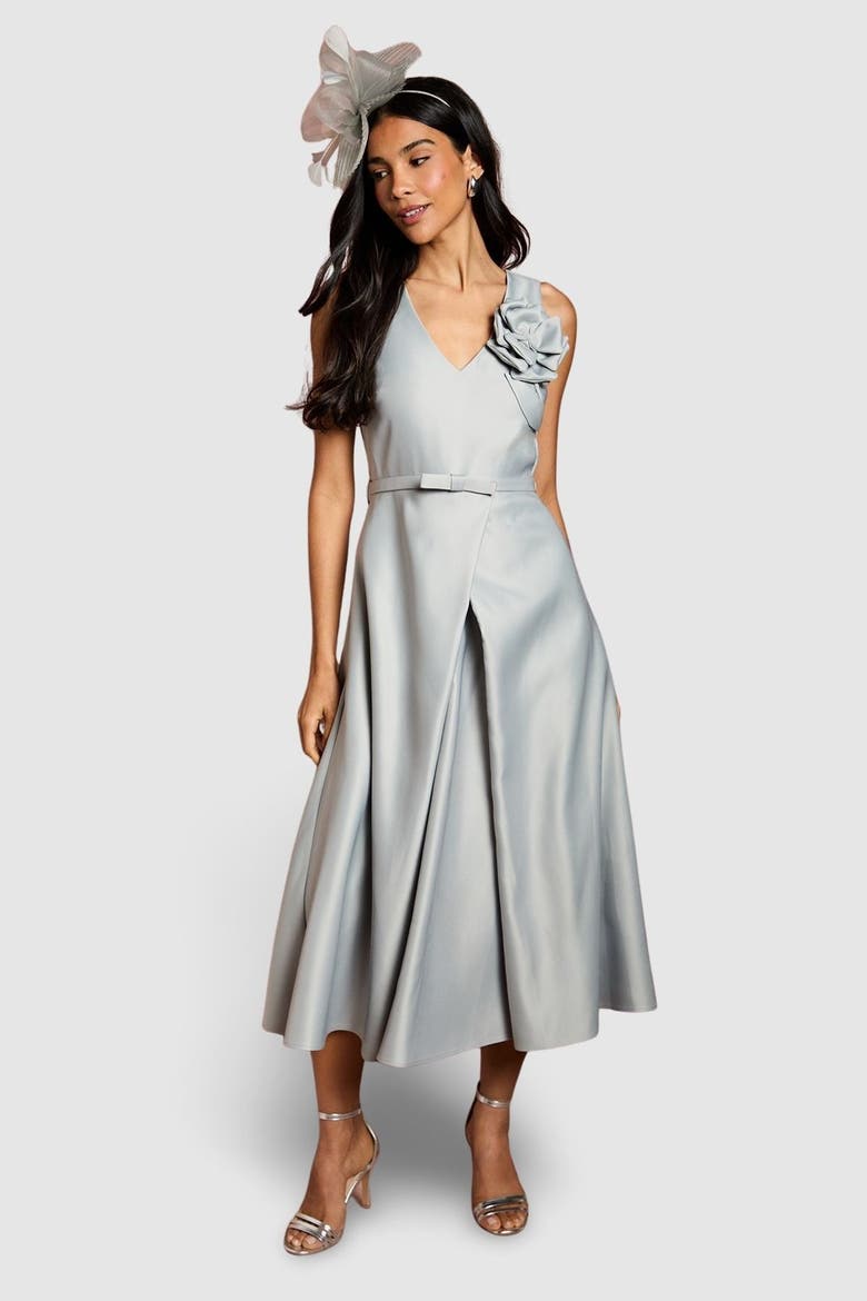 Structured Satin 3D Corsage Midi Dress, Main, color, Silver