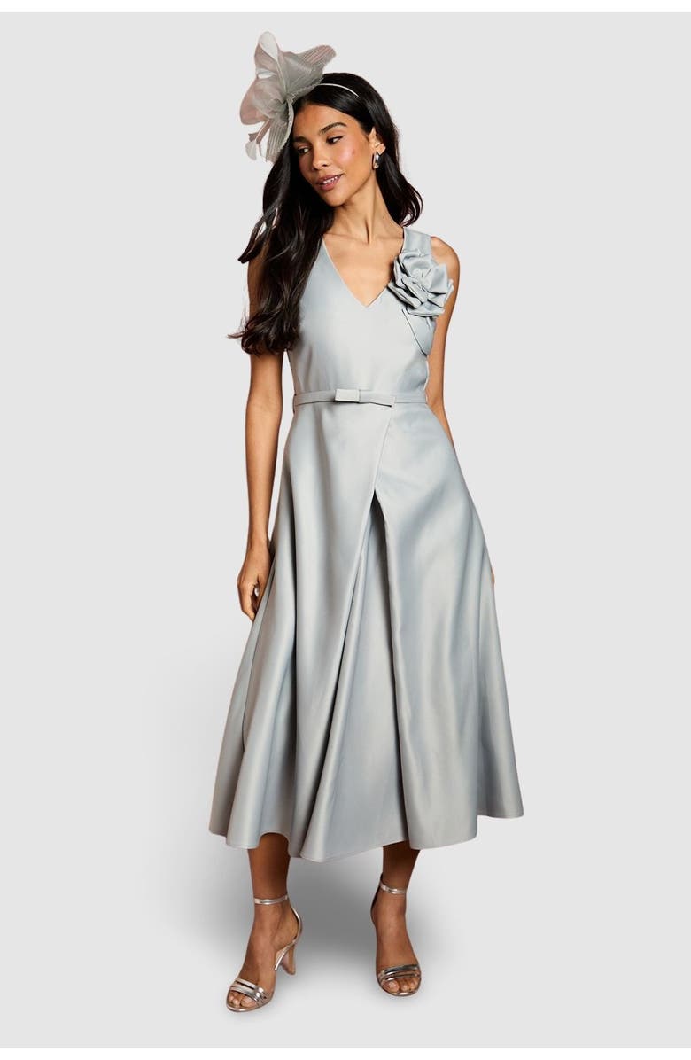 Coast Structured Satin 3D Corsage Midi Dress, Main, color, Silver