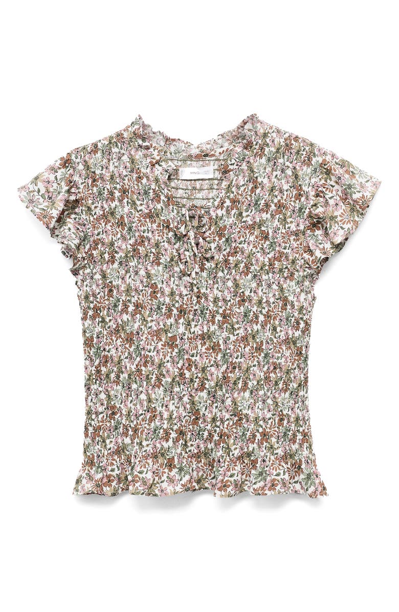 MANGO TEEN Floral Cap Sleeve Smocked Crop Top, Alternate, color, Off White