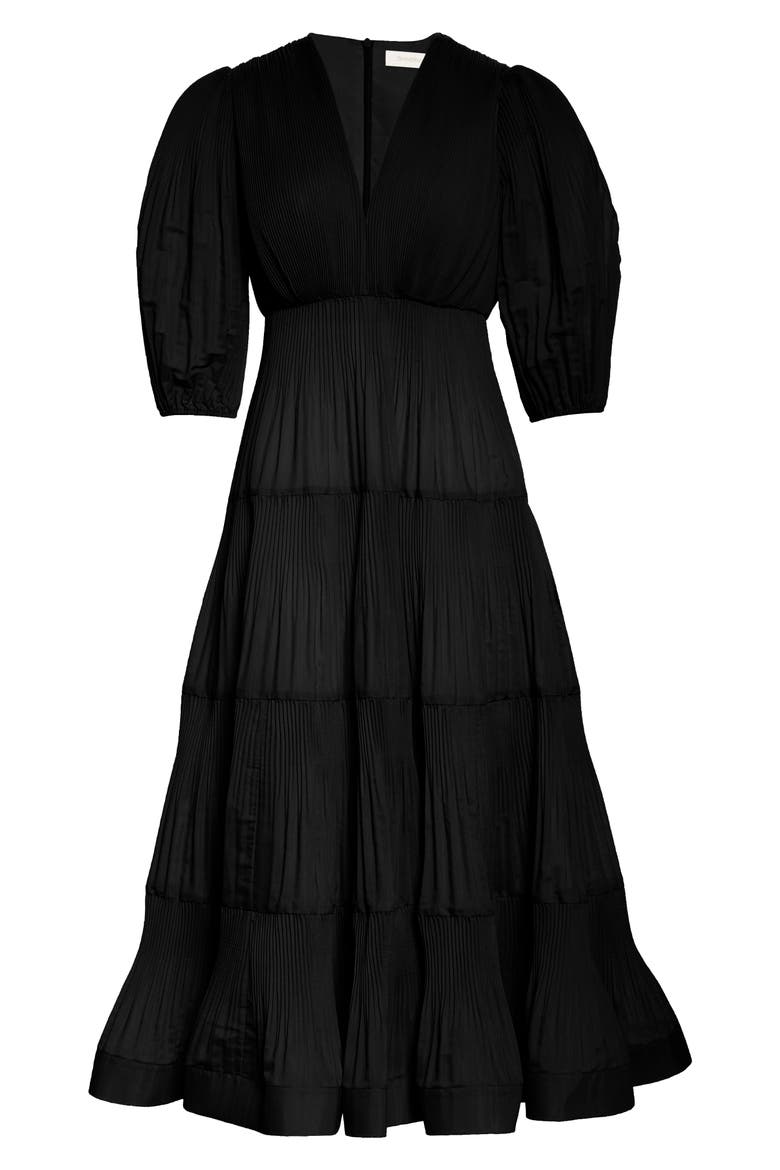 Pleated Balloon Sleeve Tiered Dress, Alternate, color, BLACK