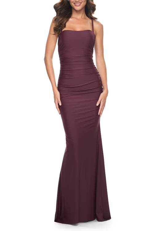 La Femme Simple Ruched Jersey Dress With Lace Up Back In Wine