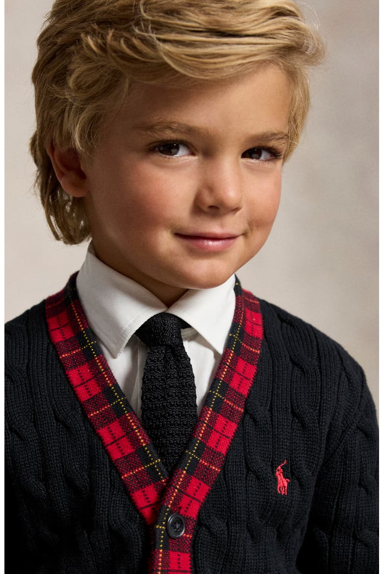Kids' Cable Knit Cotton Cardigan, Alternate, color, POLO BLACK MULTI