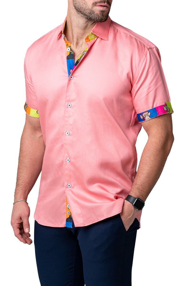 Maceoo Galileo Pazole Pink Short Sleeve Cotton Button-Up Shirt, Alternate, color, Pink