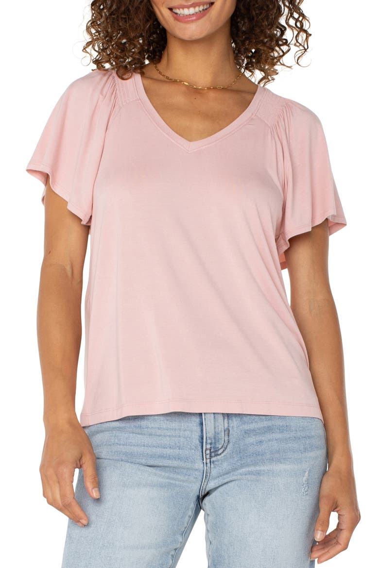 V-Neck Flutter Sleeve Jersey Top, Main, color, SOFT PINK
