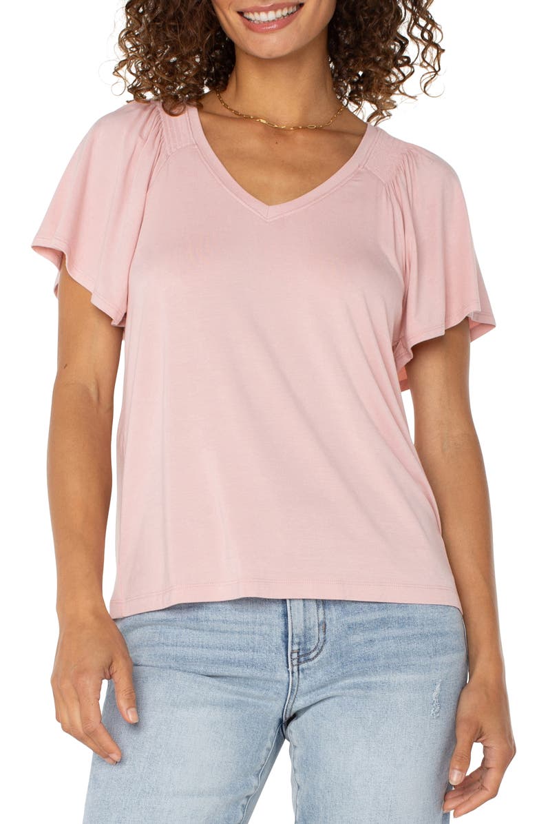 Liverpool Los Angeles V-Neck Flutter Sleeve Jersey Top, Main, color, Soft Pink