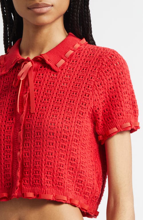 Cinq À Sept Ginerva Open Stitch Crop Cotton Blend Cardigan In Red