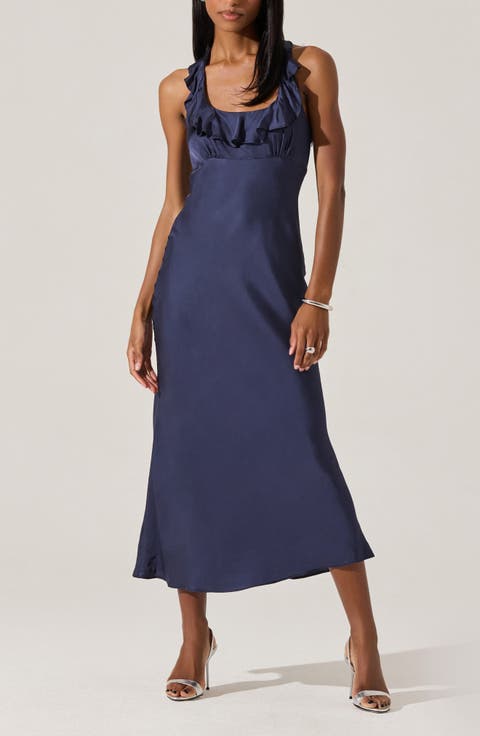 Morrigan Ruffle Halter Satin Maxi Dress