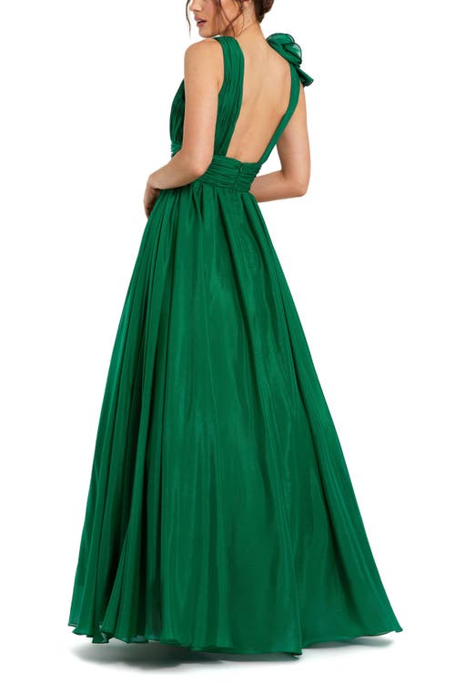 Shop Mac Duggal Ruffle Shoulder V-neck Chiffon Gown In Emerald