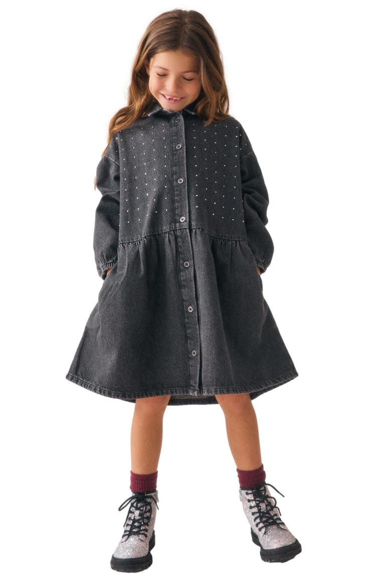 Kids' Diamante Long Sleeve Cotton Denim Shirtdress, Alternate, color, BLACK