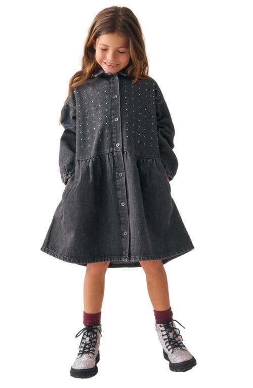 Next Kids' Diamante Long Sleeve Cotton Denim Shirtdress In Gray
