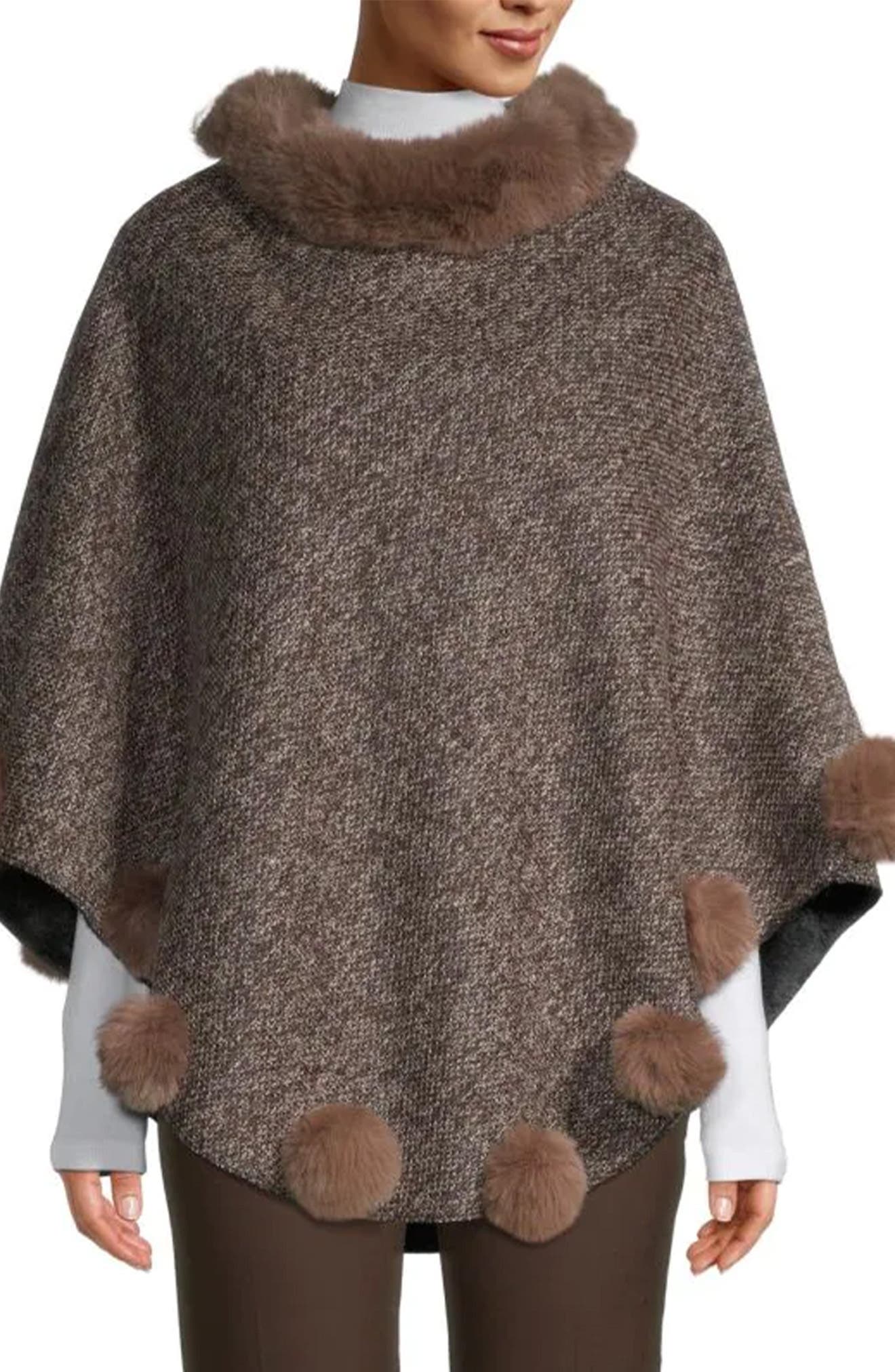 SAACHI Posey Faux Fur Pompom Adorned Poncho