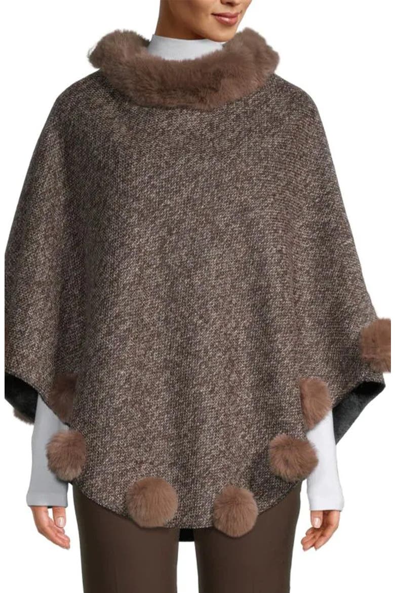 Posey Faux Fur Pompom Adorned Poncho, Main, color, CAMEL