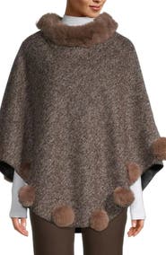 SAACHI Posey Faux Fur Pompom Adorned Poncho