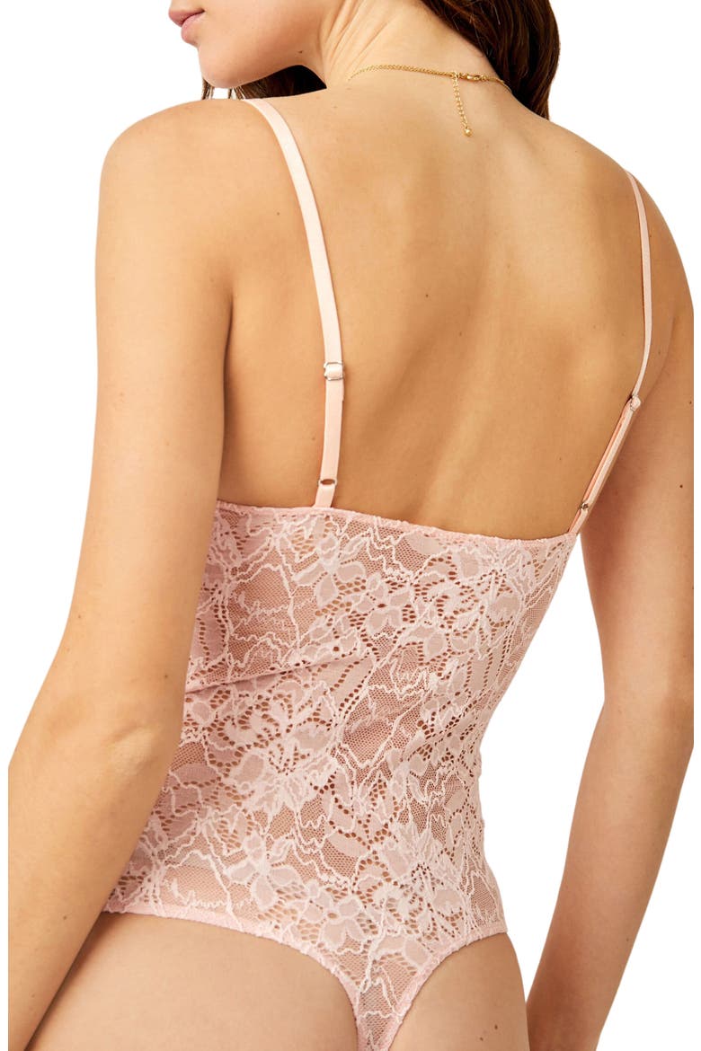 Intimately FP Lace Night Rhythm Thong Bodysuit, Alternate, color, PINK SHELL