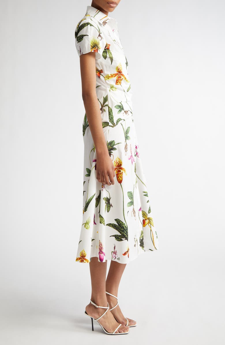 Oscar de la Renta Orchids Cap Sleeve Stretch Cotton Poplin Shirtdress, Alternate, color,