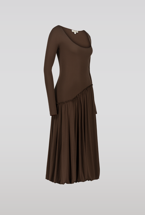 Saemdi Asymmetric Hip Dress With Scoop Neck In Dark Brown