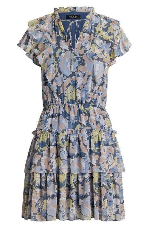 Ralph Lauren Plus Size Floral Ruffle-trim Georgette Dress In Blue Multi