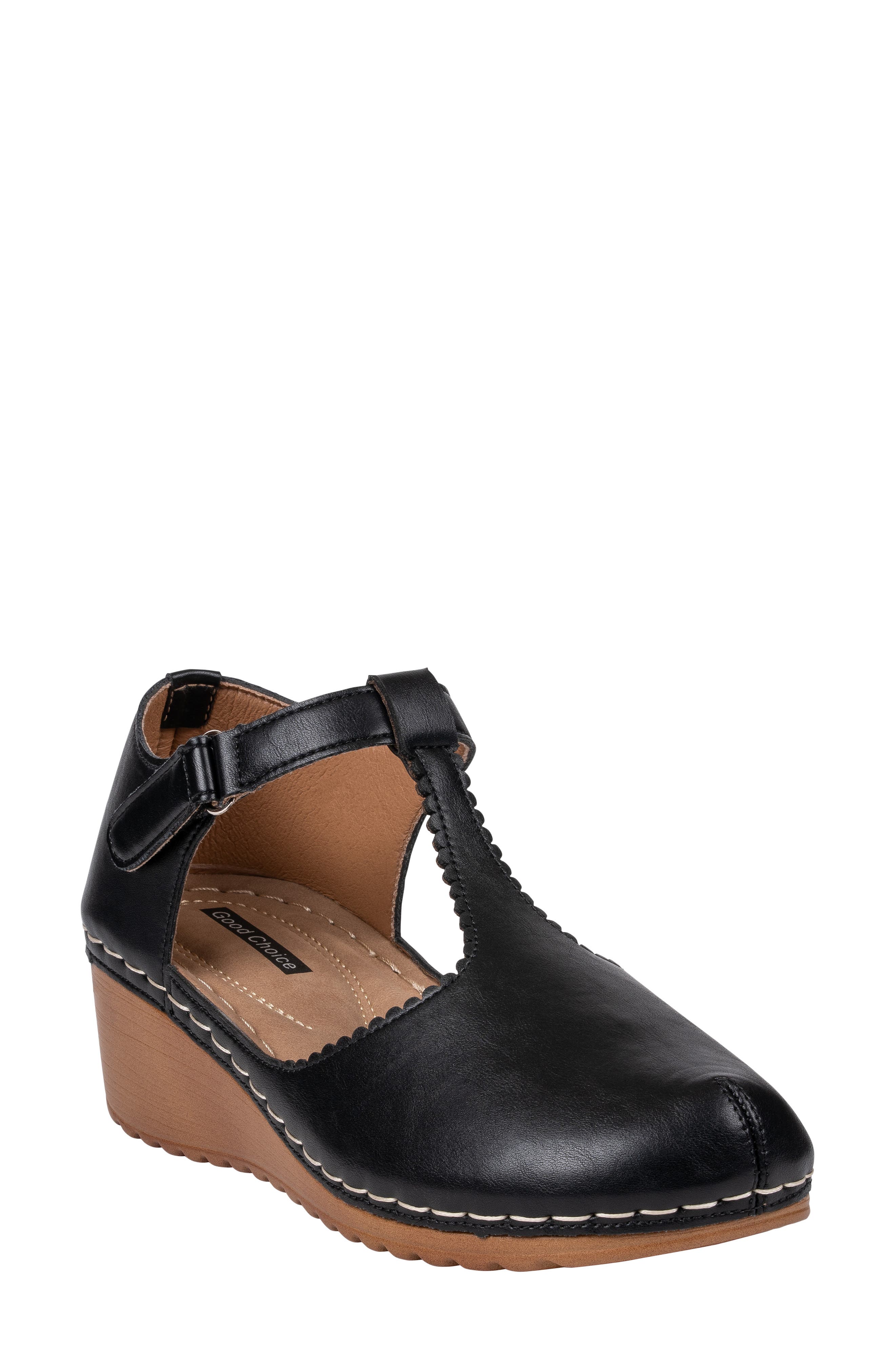 Mondo Faux Leather T-Strap Wedge Clog
