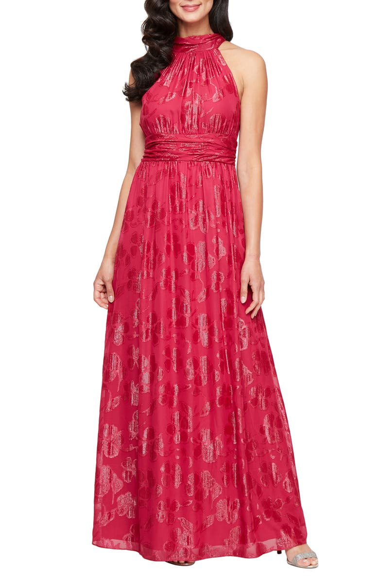 SL FASHIONS Floral Burnout Halter Gown, Main, color, 