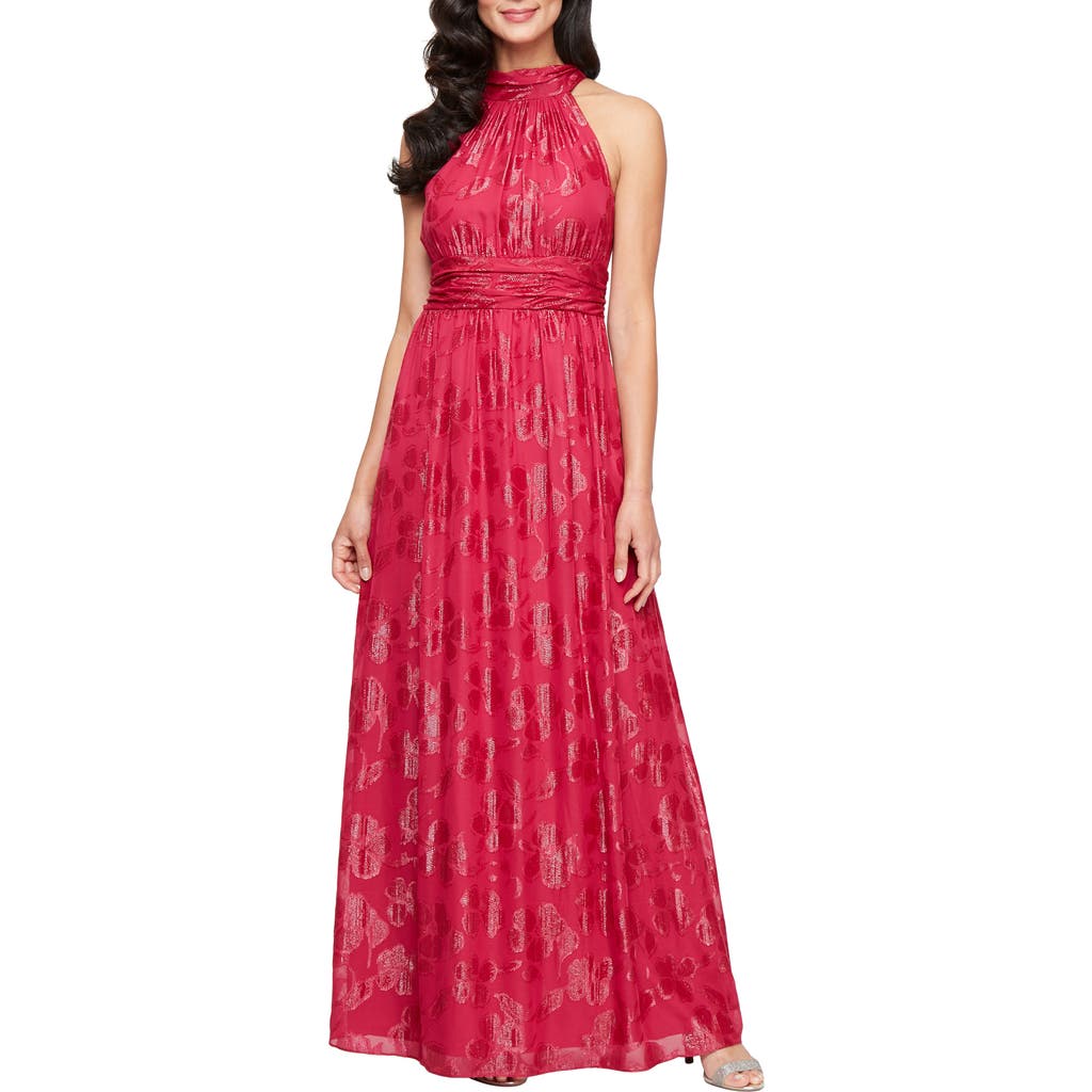Shop Sl Fashions Floral Burnout Halter Gown In Fuchsia