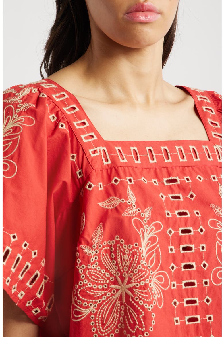 Laine Embroidered Eyelet Square Neck Cotton Top, Alternate, color, TERRACOTTA