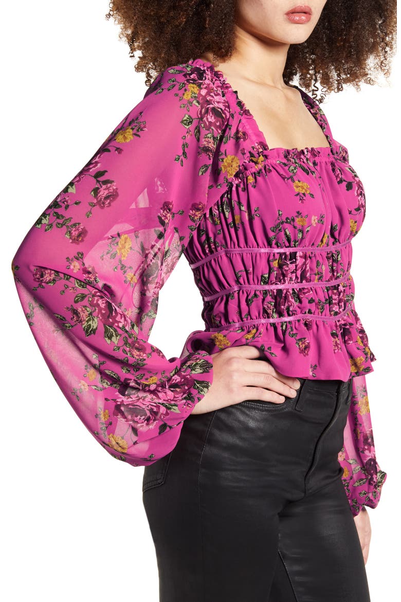 Liza Long Sleeve Smocked Peplum Top, Alternate, color, MAGENTA FLORAL