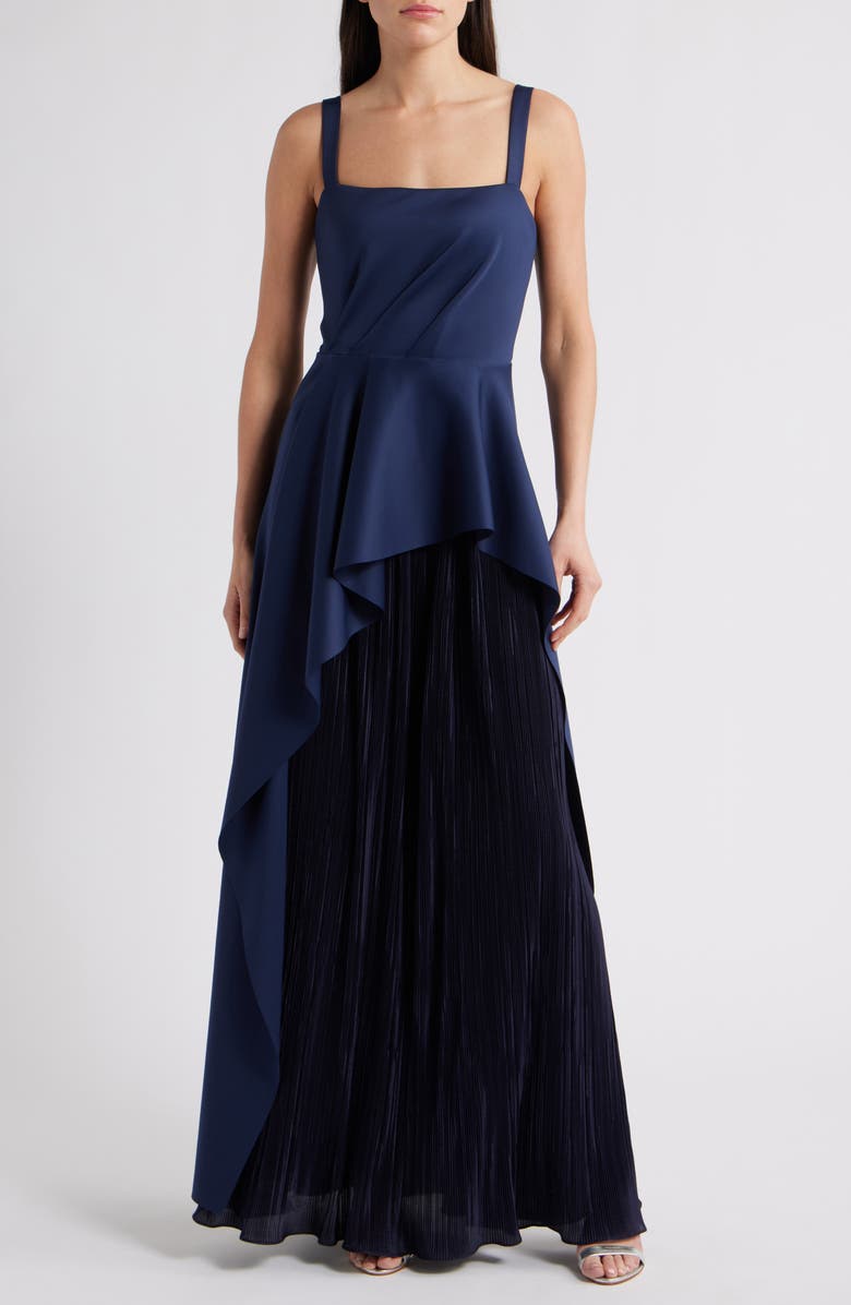 Black Halo Dorothea Plissé Sleeveless Satin Gown, Main, color, Pacific Blue/ Pacific Blue