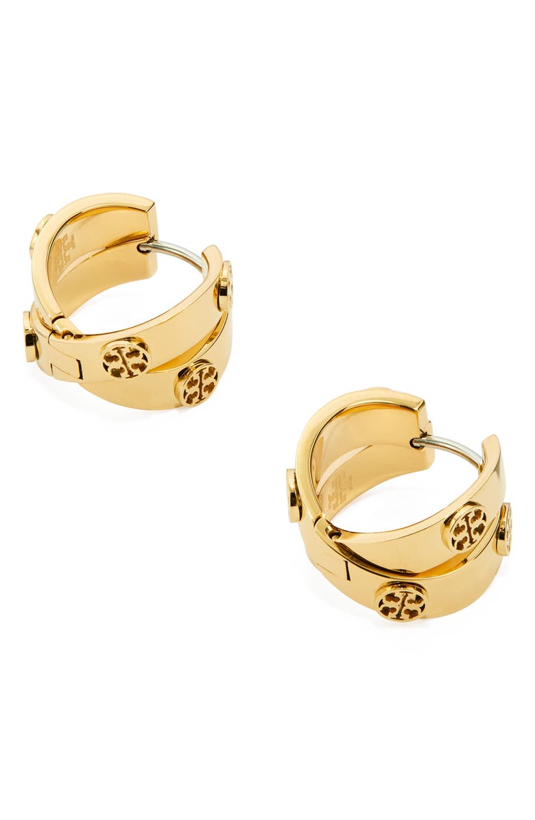 Tory Burch Miller Icon Double Huggie Hoop Earrings, Alternate, color, Tory Gold