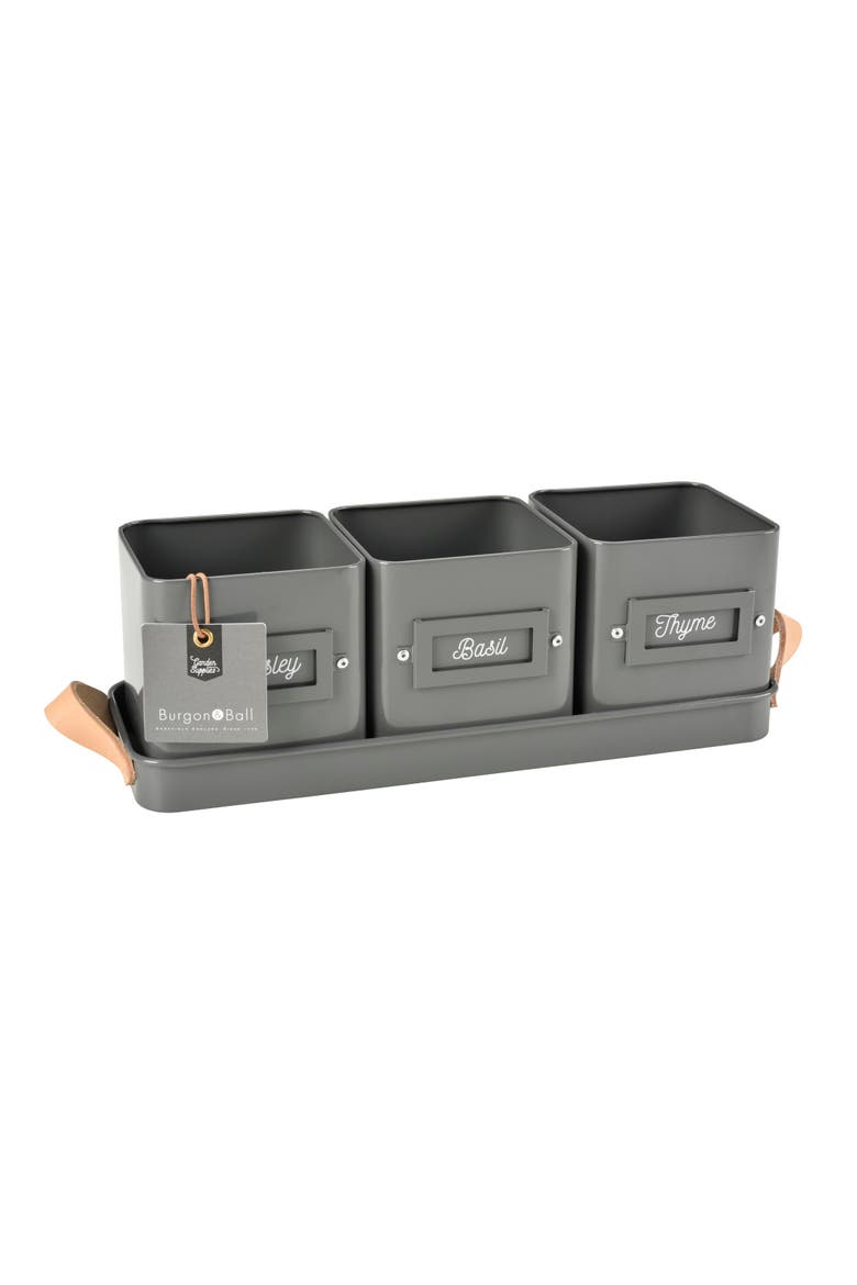 Herb Pots with Leather Handled Tray - Set of 3, Main, color, Charcoal